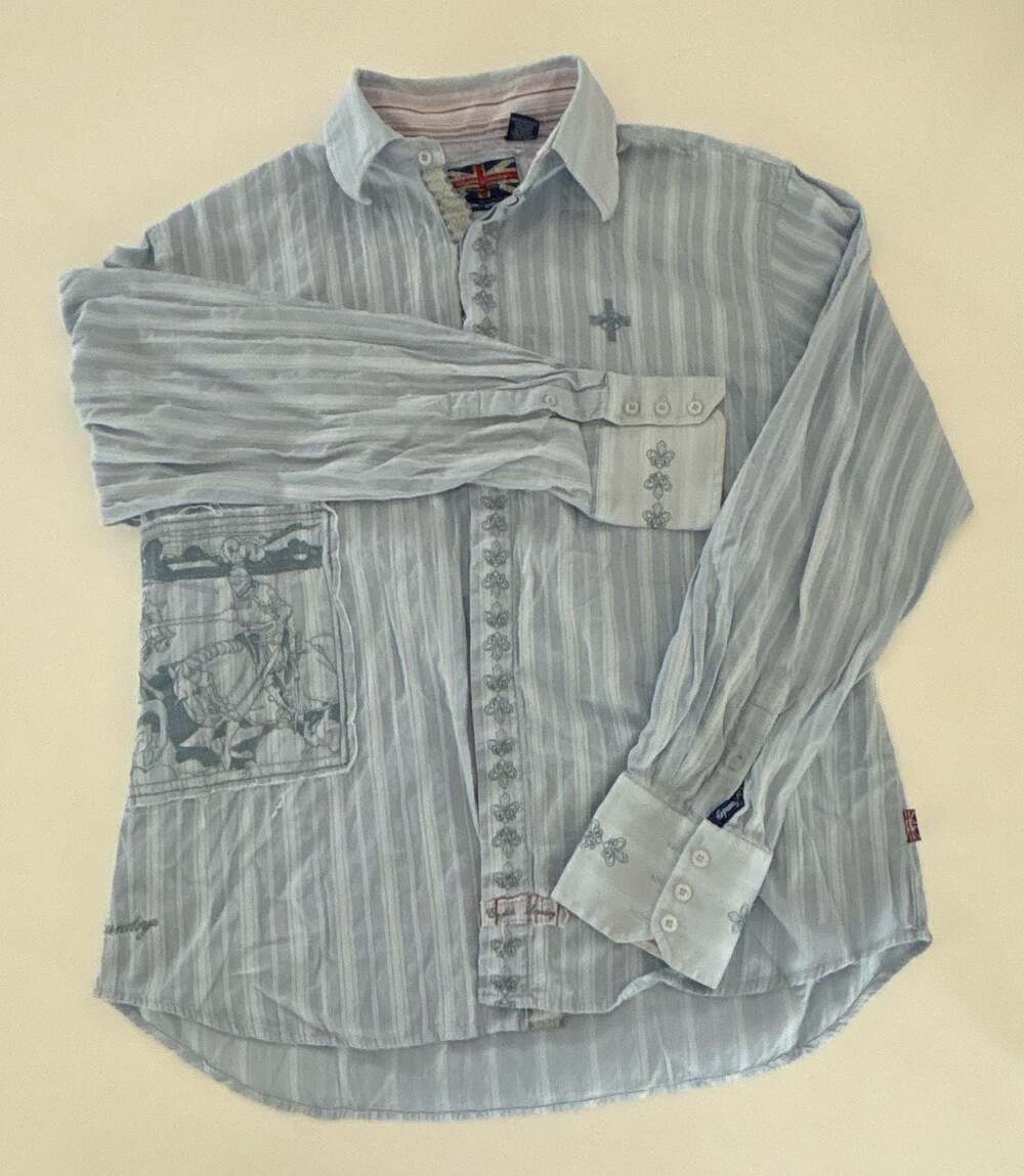 English Laundry Long Sleeve Striped Button-Down Embroidered Shirt